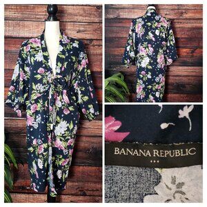 Banana Republic Kimono Robe One Size Tie Front Pockets Navy Floral Cotton Rayon